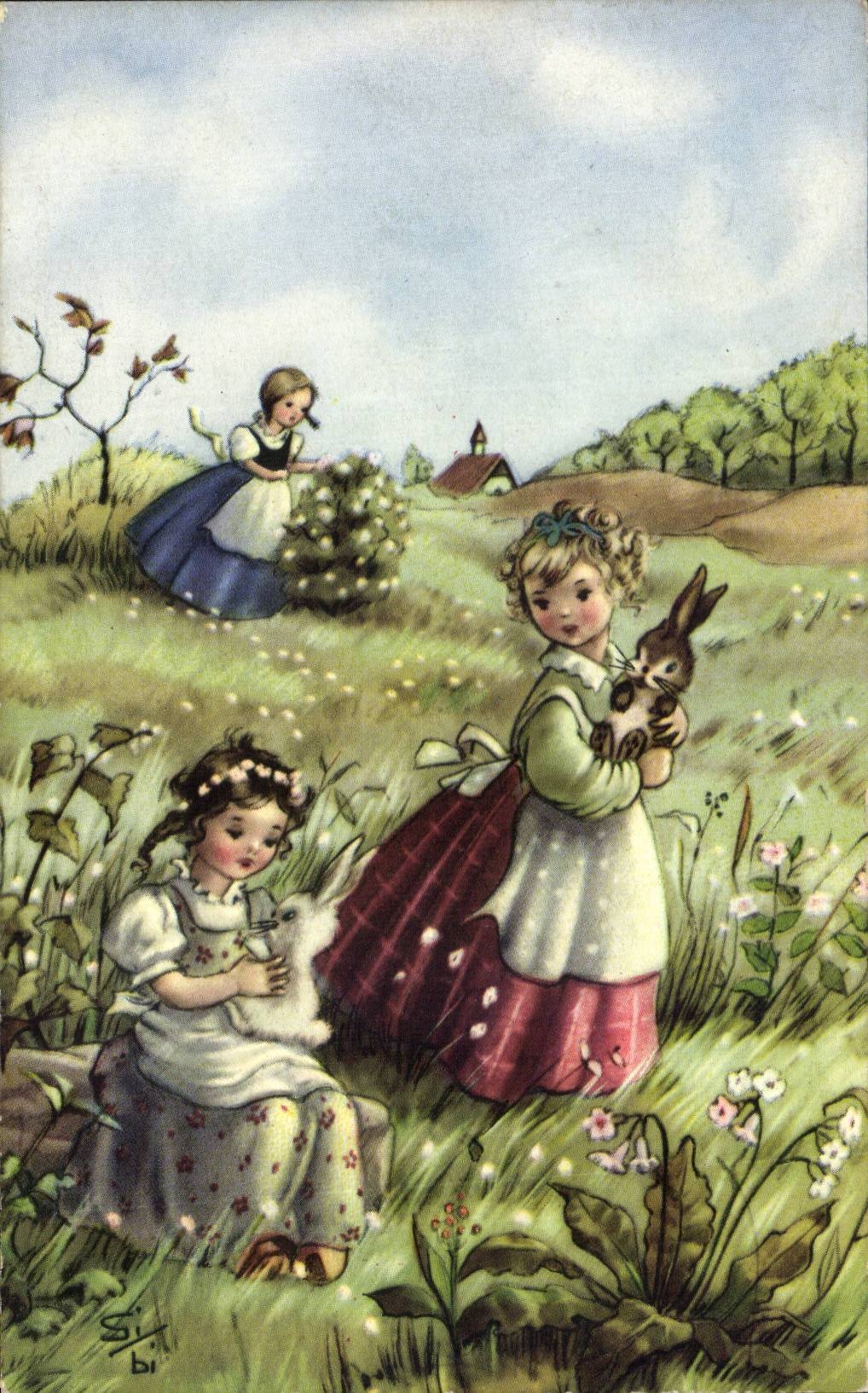 CPA Fantaisie Enfants et lapin Rabbit