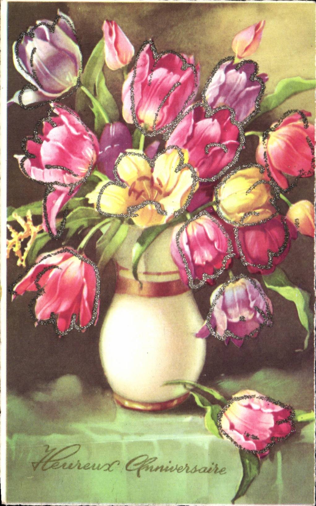 CPA Fantaisie Fleurs Heureux anniversaire