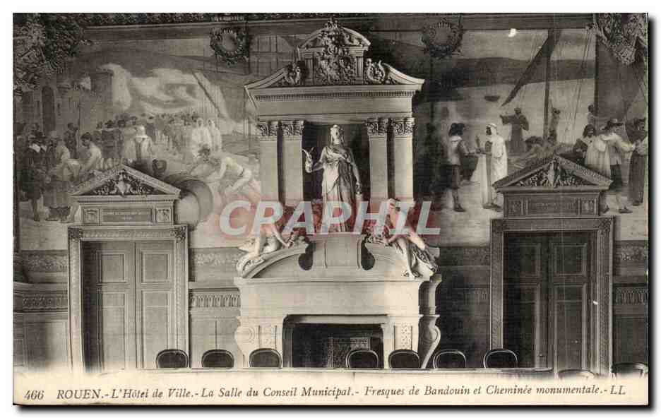 Rouen CPA Hotel de ville Salle du conseil municipal Fresques de Bandouin et cheminee monumentale