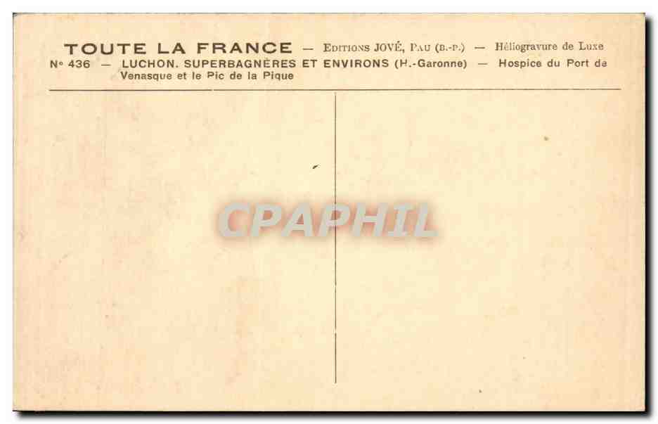 Luchon, Superbagnères et environs — Venasque et le Pic de la Pique — Éditions Jové, Pau (B.-P.) — Verso
