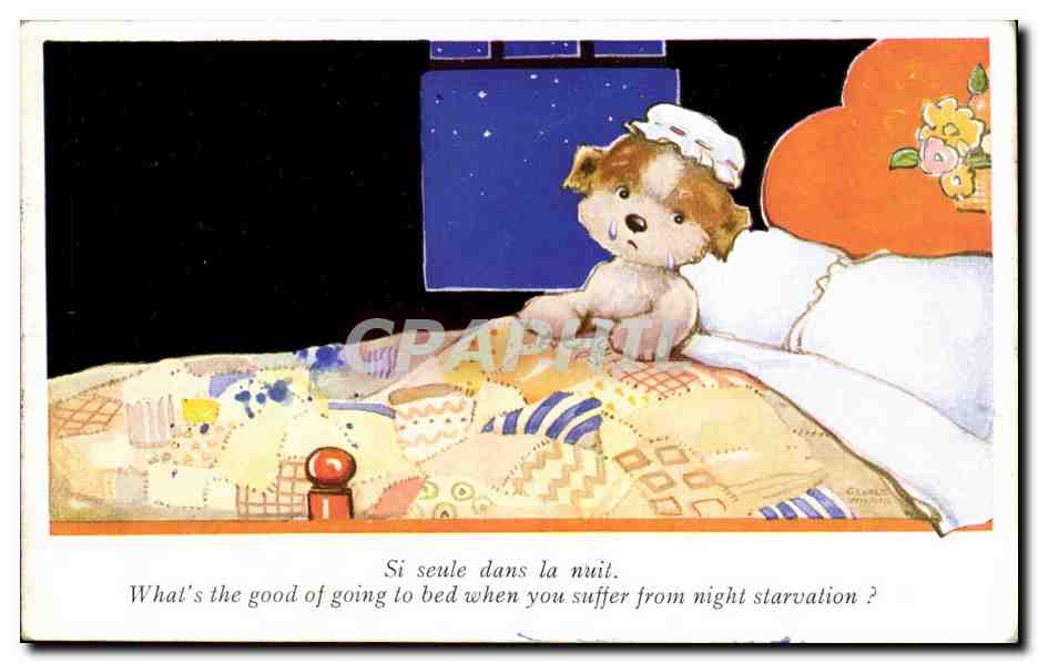 CPA Fantaisie Si seule dans la nuit Chien Chiot