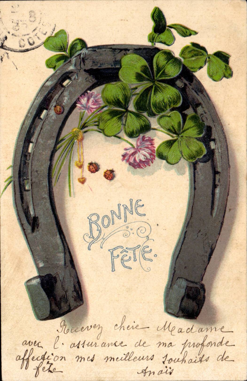 CPA Fantaisie Bonne fete Fer a cheval Trefle