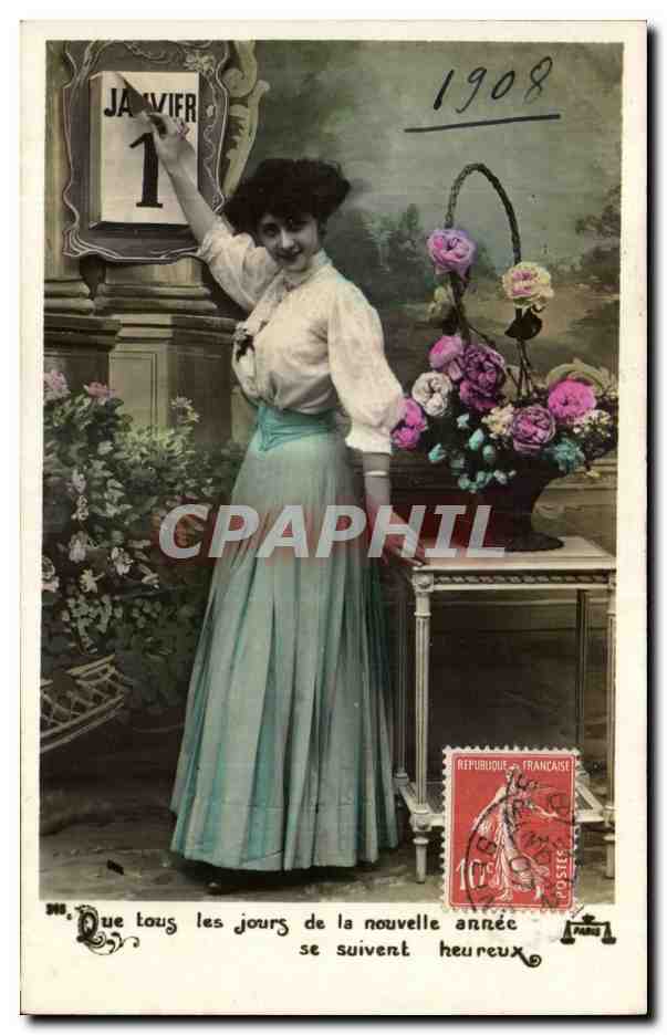 Jeune femme félicitant le Nouvel An — 1908 — Union Postale Universelle