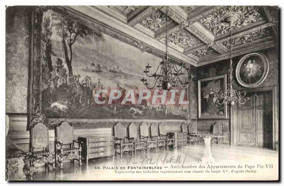 Palais de Fontainebleau — Antichambre des Appartements du Pape Pie VII, tapisseries des Gobelins représentant une chasse de Louis XV, d'après Oudry