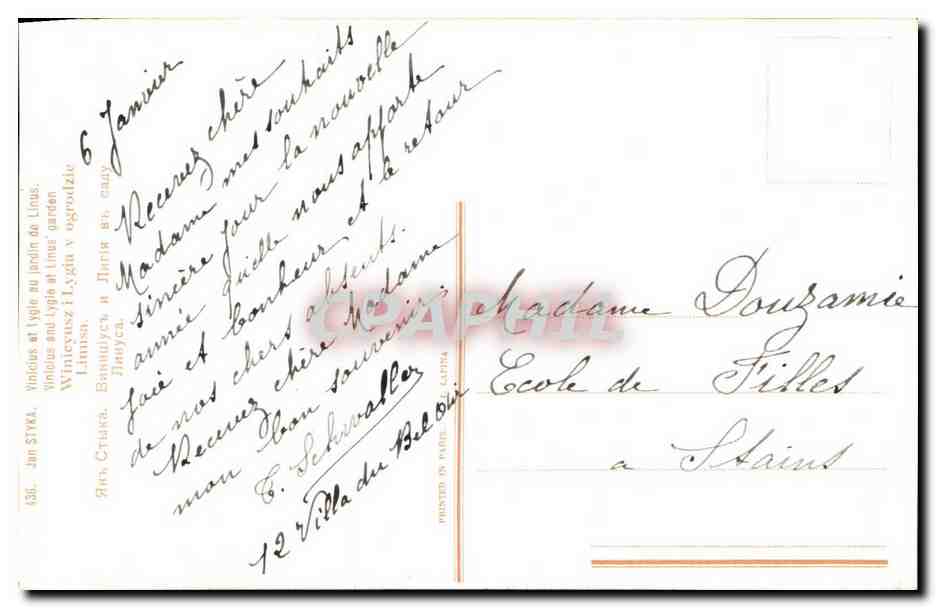 CPA Fantaisie Jan Styka Vinicius et Lygie au jardin de linus — Verso