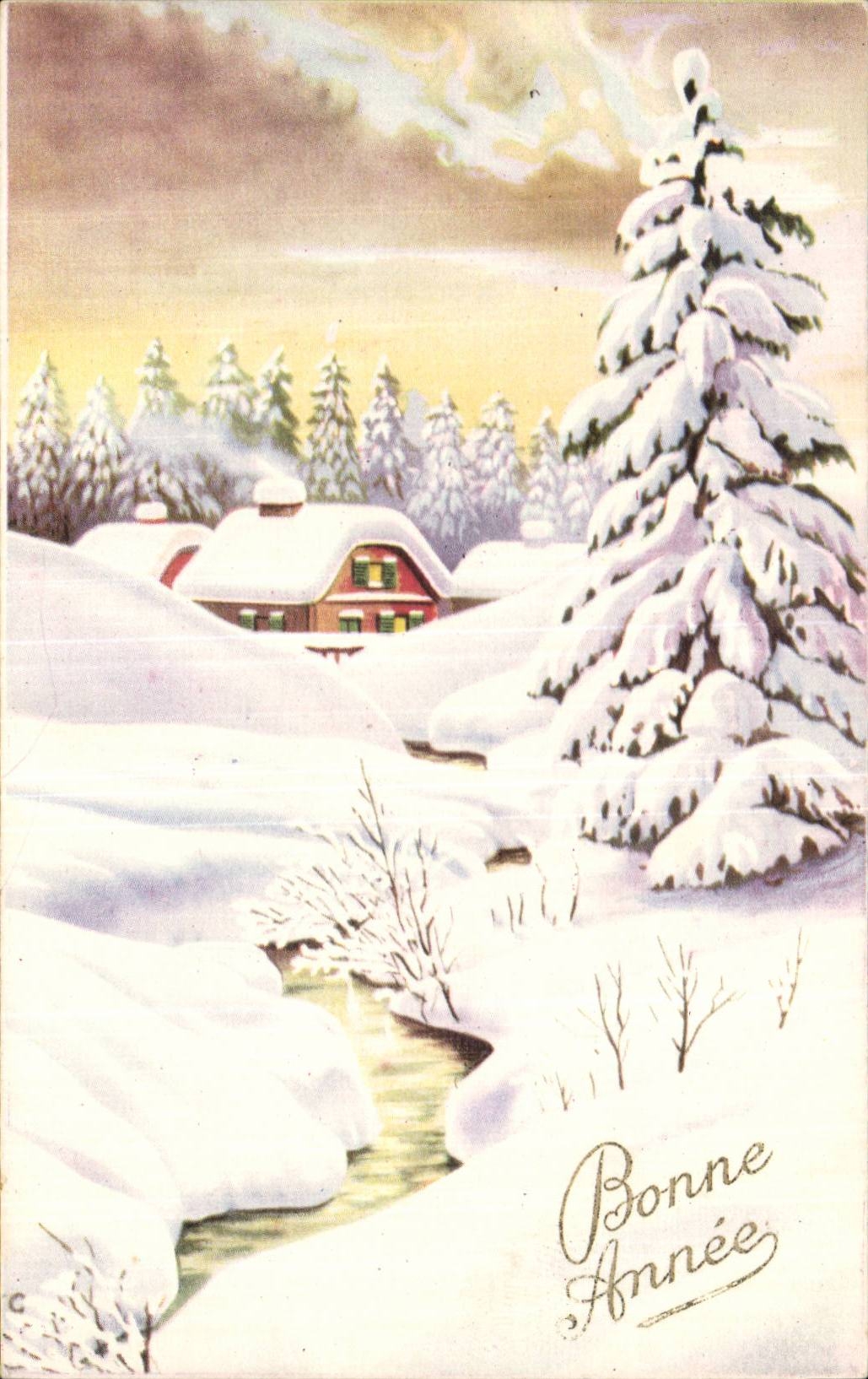 CPA Fantaisie Bonne annee Paysage dans la neige