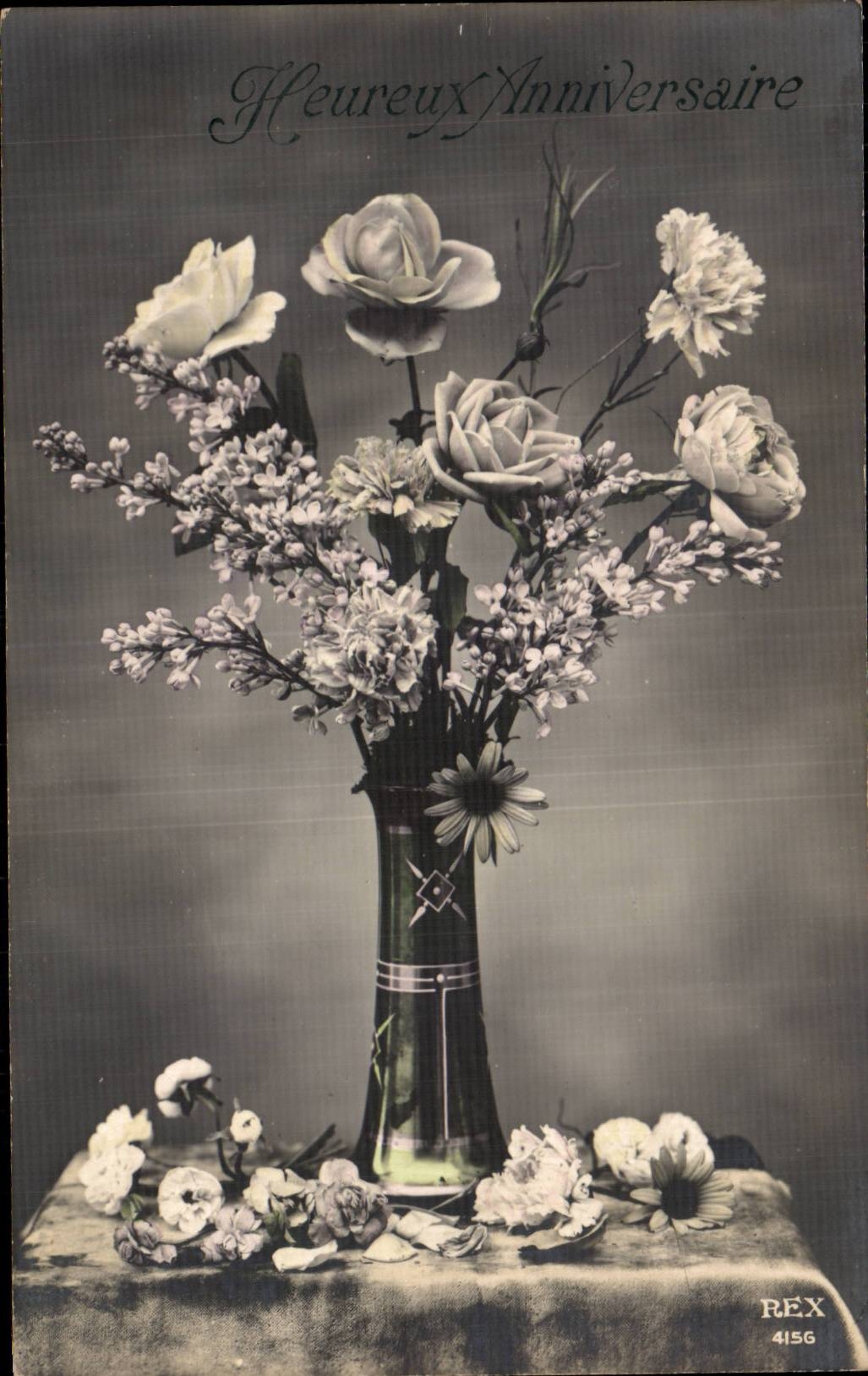 CPA Fantaisie Fleurs Heureux anniversaire