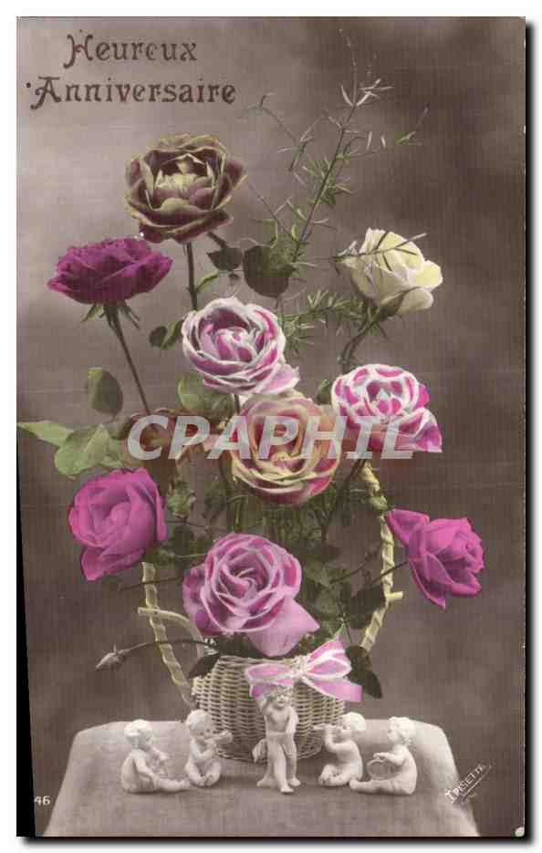 CPA Fantaisie Fleurs Heureux anniversaire Santons