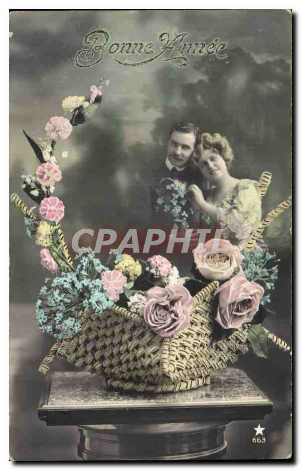 CPA Fantaisie Femme Bonne annee corbeille de fleurs