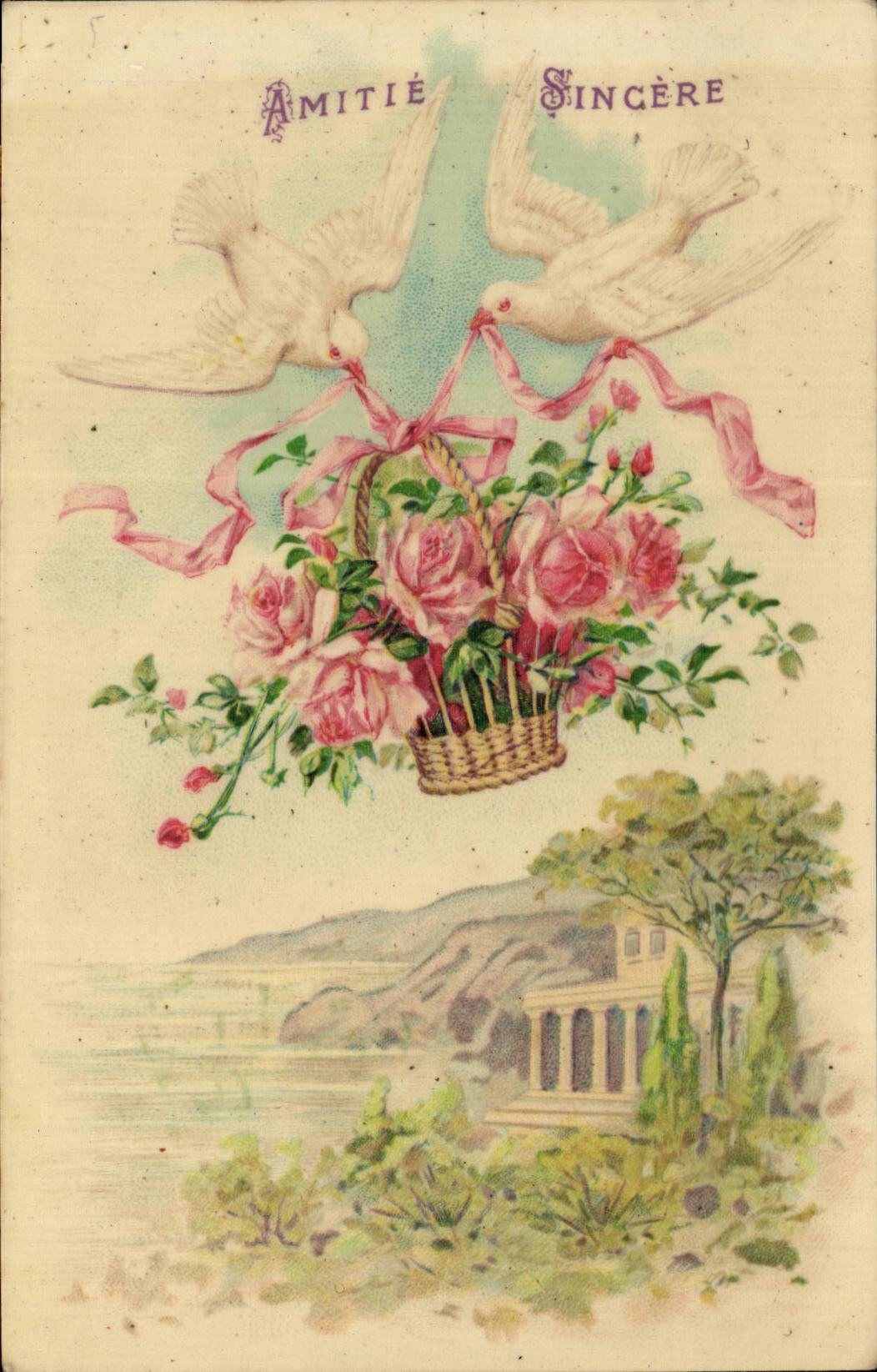 CPA Fantaisie Fleurs et colombes