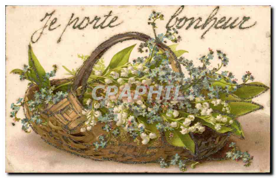 Bouquet de fleurs dans un panier — Je porte bonheur — Carte postale datée 1904