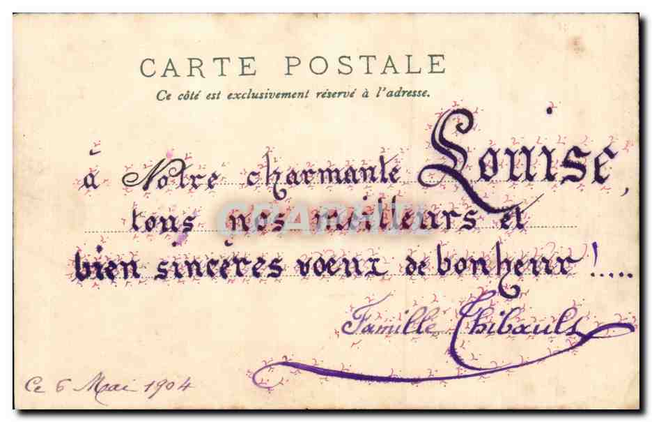 Bouquet de fleurs dans un panier — Je porte bonheur — Carte postale datée 1904 — Rückseite