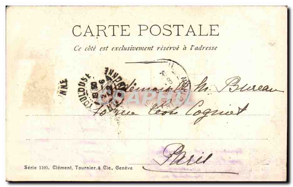 Foucaucourt — joven mujer ajustando un lampadario — Clément, Tournier & Cie, Ginebra, Serie 1105 — Reverso