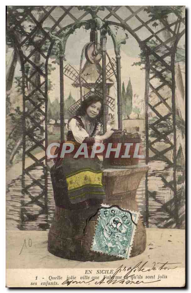 CPA Fantaisie Enfant En Sicile Moulin Windmill Sicilia