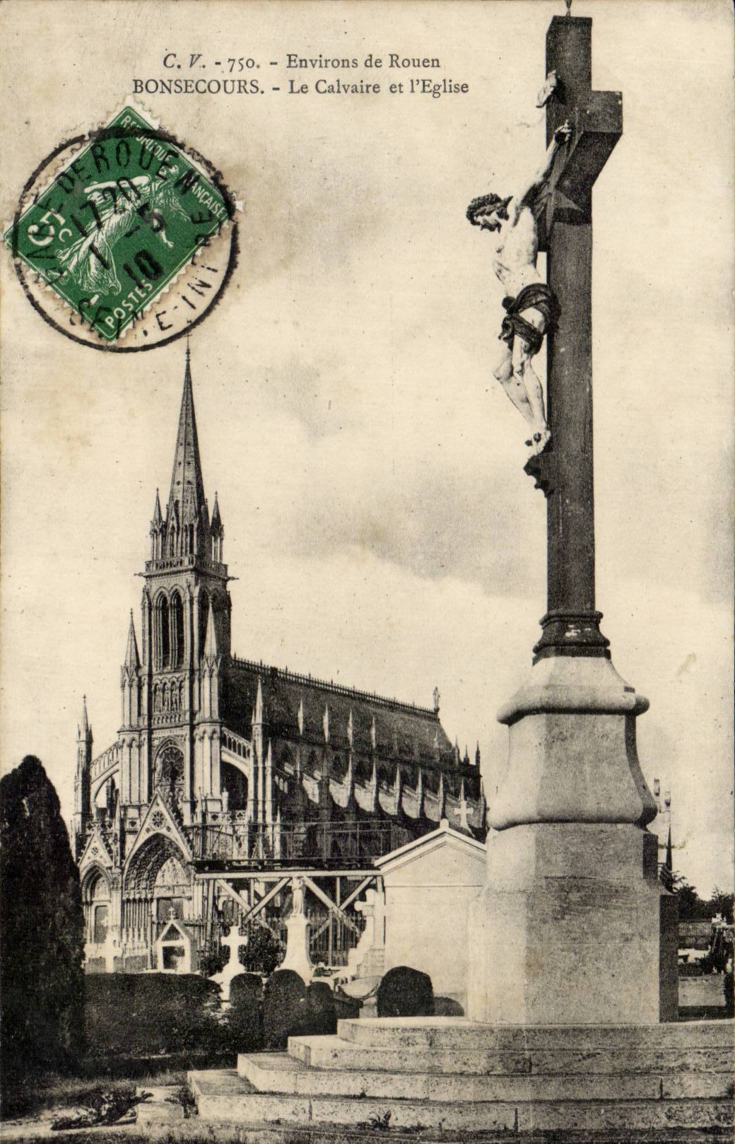 CPA Environs de Rouen Bonsecours Le calvaire et l'eglise