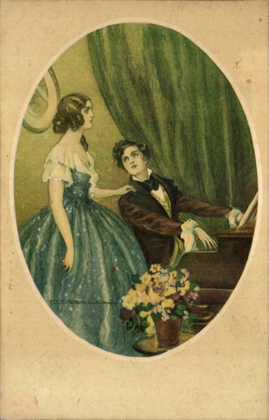 CPA Fantaisie Femme piano