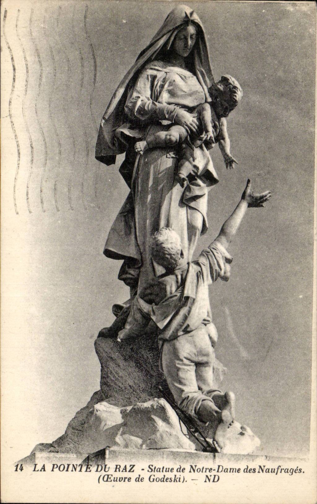 CPA La Pointe du Raz Statue de Notre Dame des naufrages Godeski cachet Pont Croix