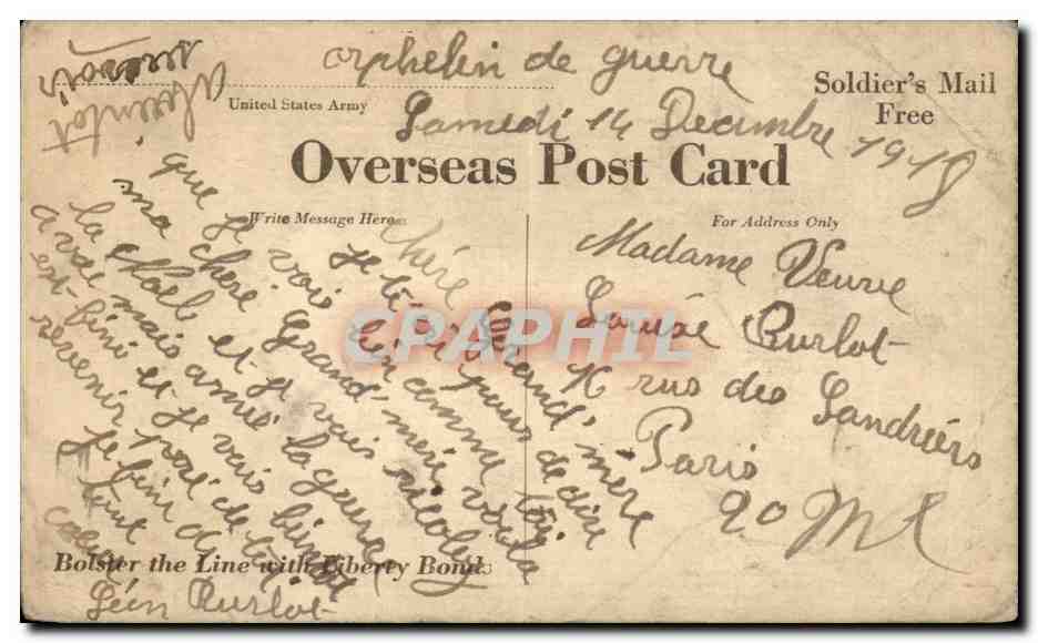Usine de ravitaillement — Sacs de nourriture et wagons — texte imprimé : 'WE EAT LOTS OF CHOW OVER HERE, AND LIBERTY BONDS PAY FOR IT' — éditeur : United States Army — Rückseite