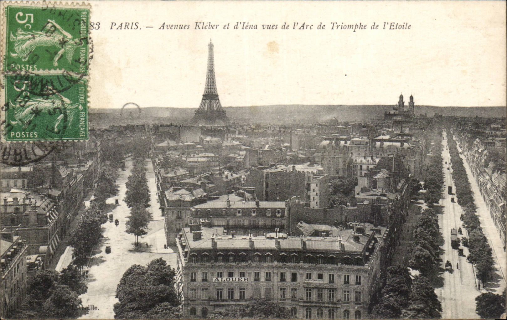 Paris CPA Avenues Kleber et d'Iena vues de l'arc de triomphe de l'etoile Tour Eiffel