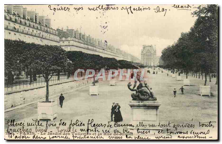 CPA Paris Jardin des tuileries et la rue de Rivoli