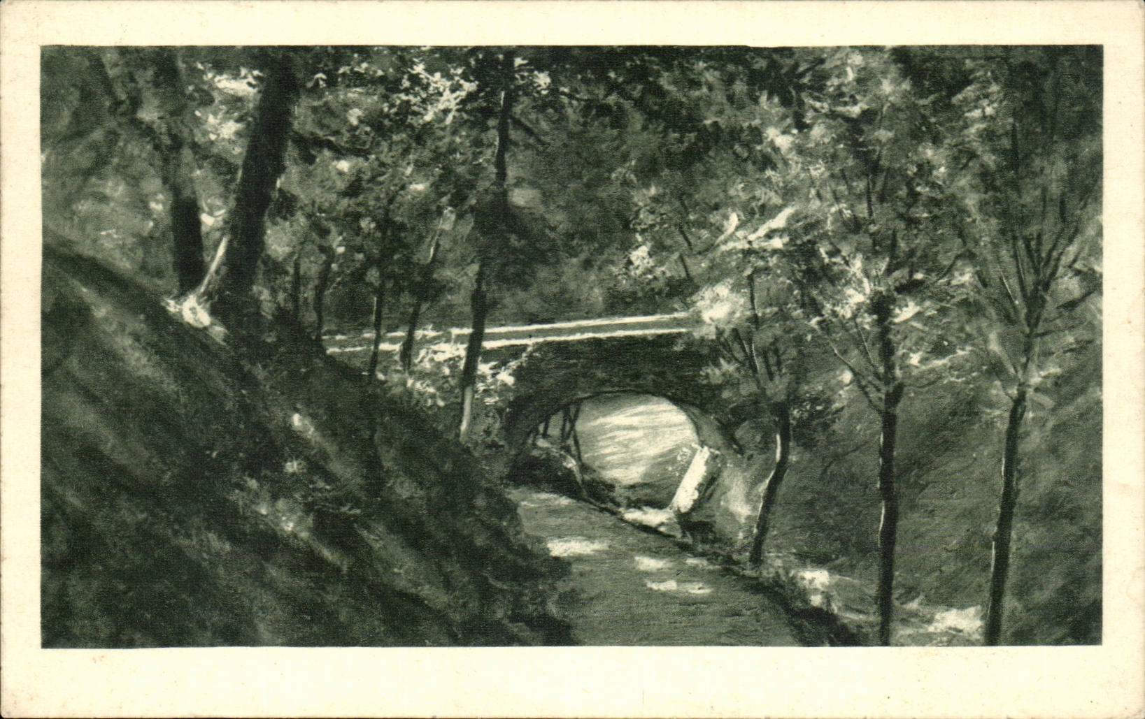 Pont en pierre dans un paysage forestier — éditeur non identifié