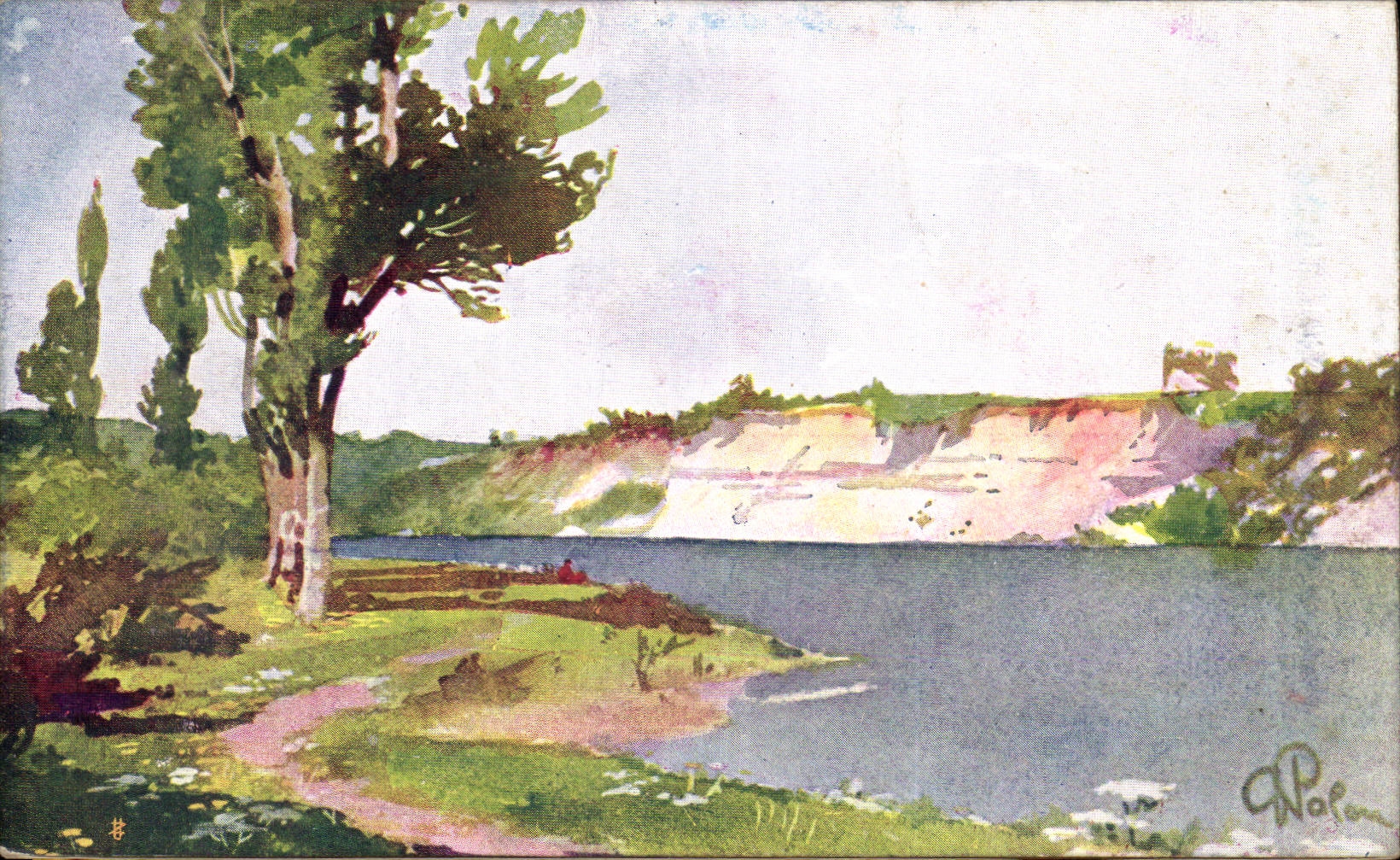 Vue du lac de la région de la Dniepr — peinture à l'aquarelle — éditeur UZM, série N 14