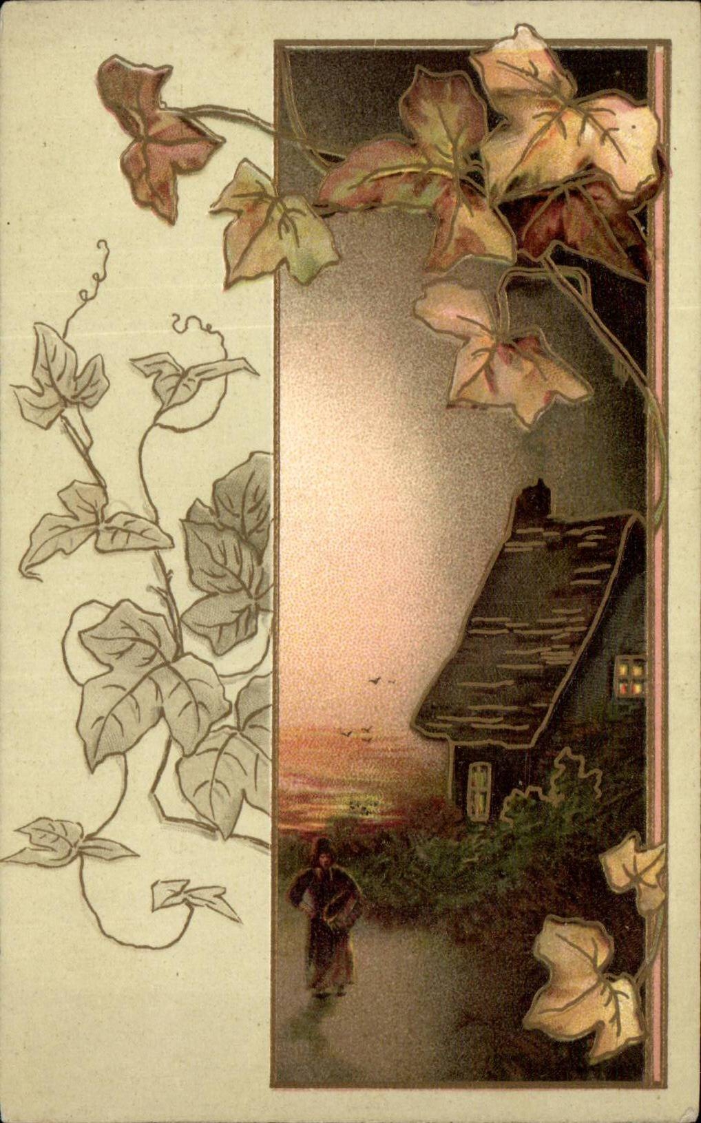 Coucher de soleil sur une maison — décor d'ivraie — éditeur non identifié