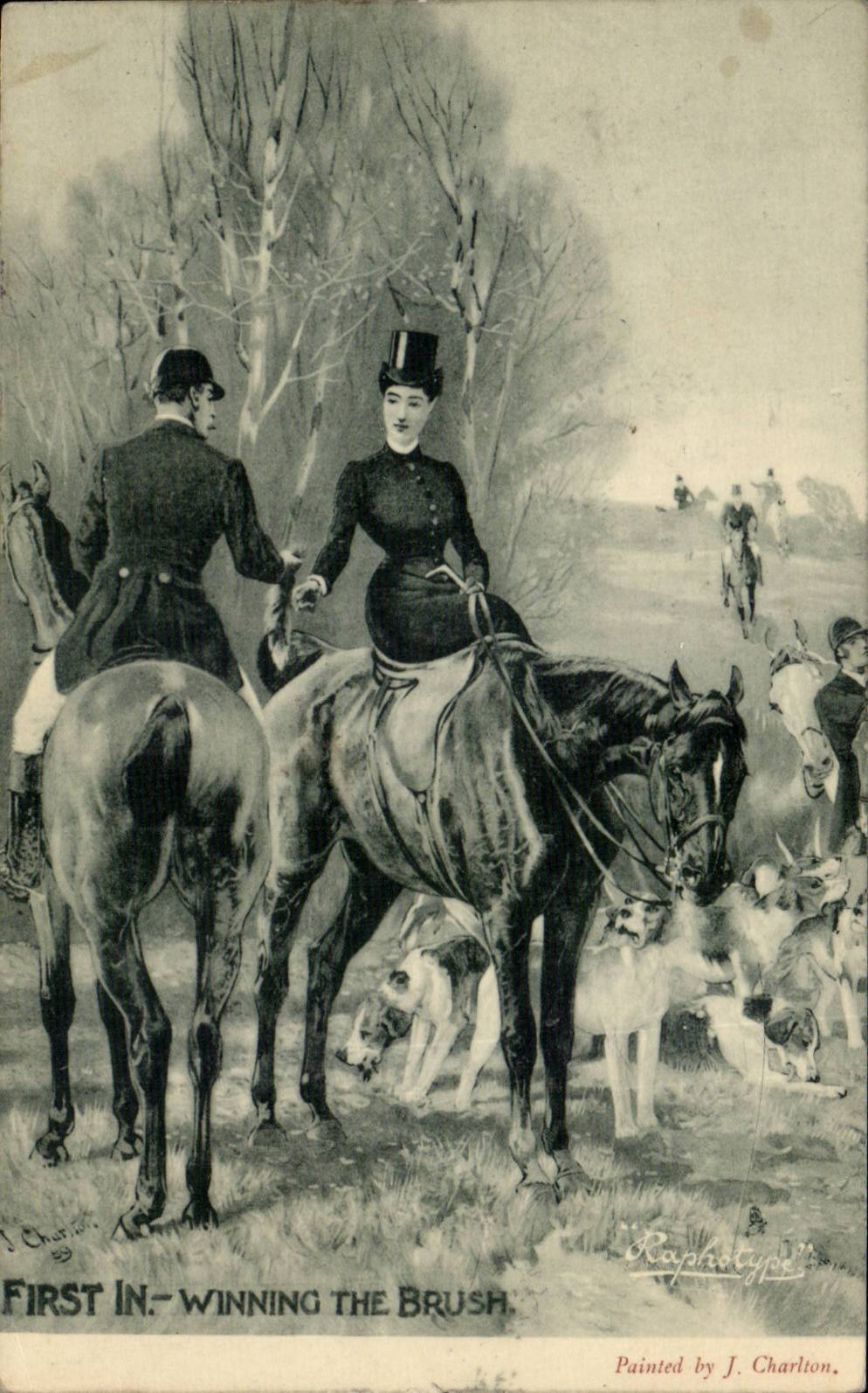 Premier au cours de chasse — Gagnant le Brush — Raphotype, peint par J. Charlton