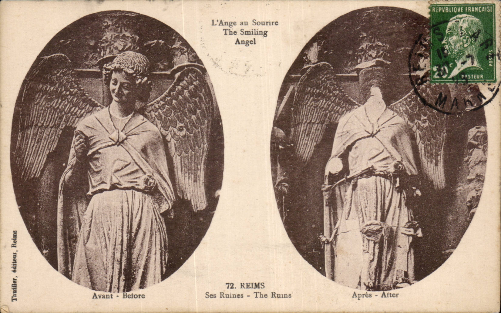 CPA Reims L'ange au sourire de Reims avant apres les bombardements