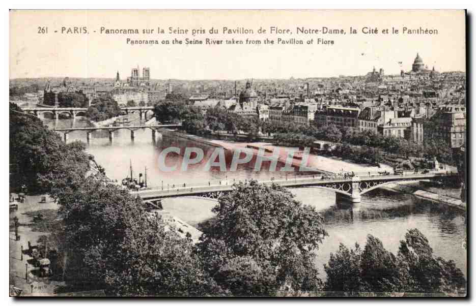 Paris CPA Panorama sur la Seine pris du pavillon de Flore Notre Dame La cite et le pantheon