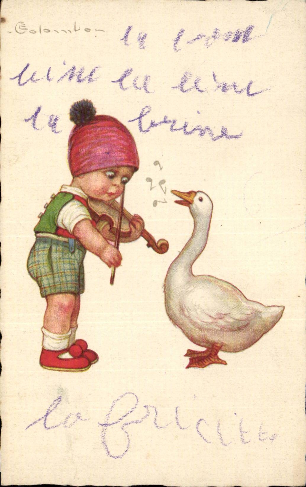CPA Enfant jouant du violon Oie Colombo