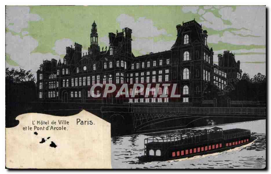 París Tarjeta postal antigua Hotel de ville y pont d'Arcole