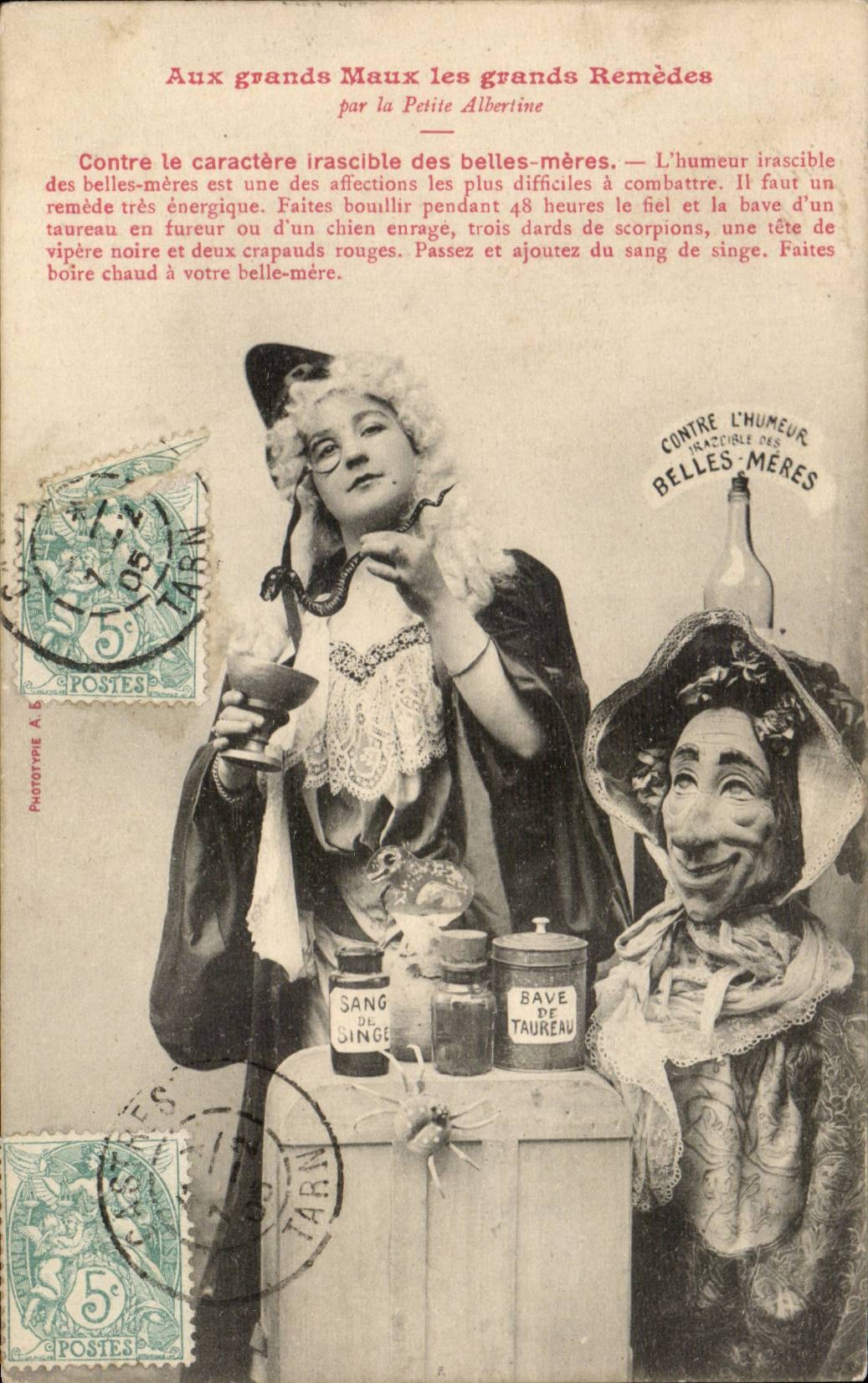 CPA Fantaisie Aux grands maux les grands remedes Petite Albertine Sang de singe Bave de taureau Docteur Sante