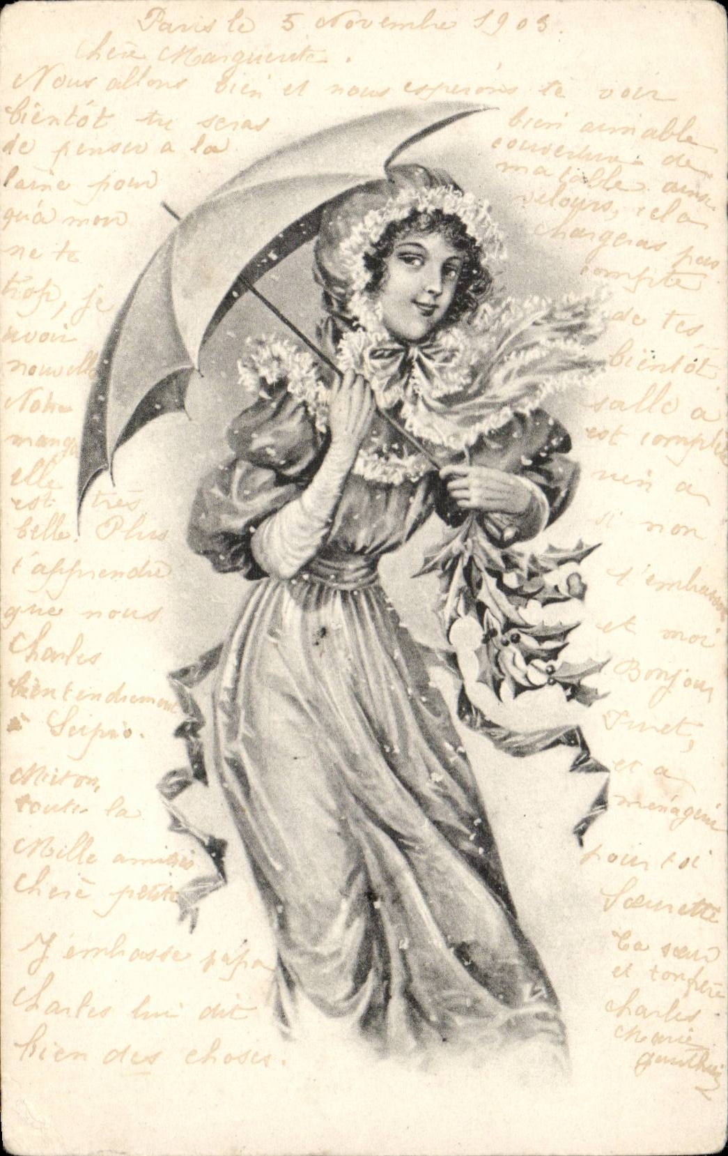 Femme sous parapluie — houx — éditeur B. K. W. I. 20694