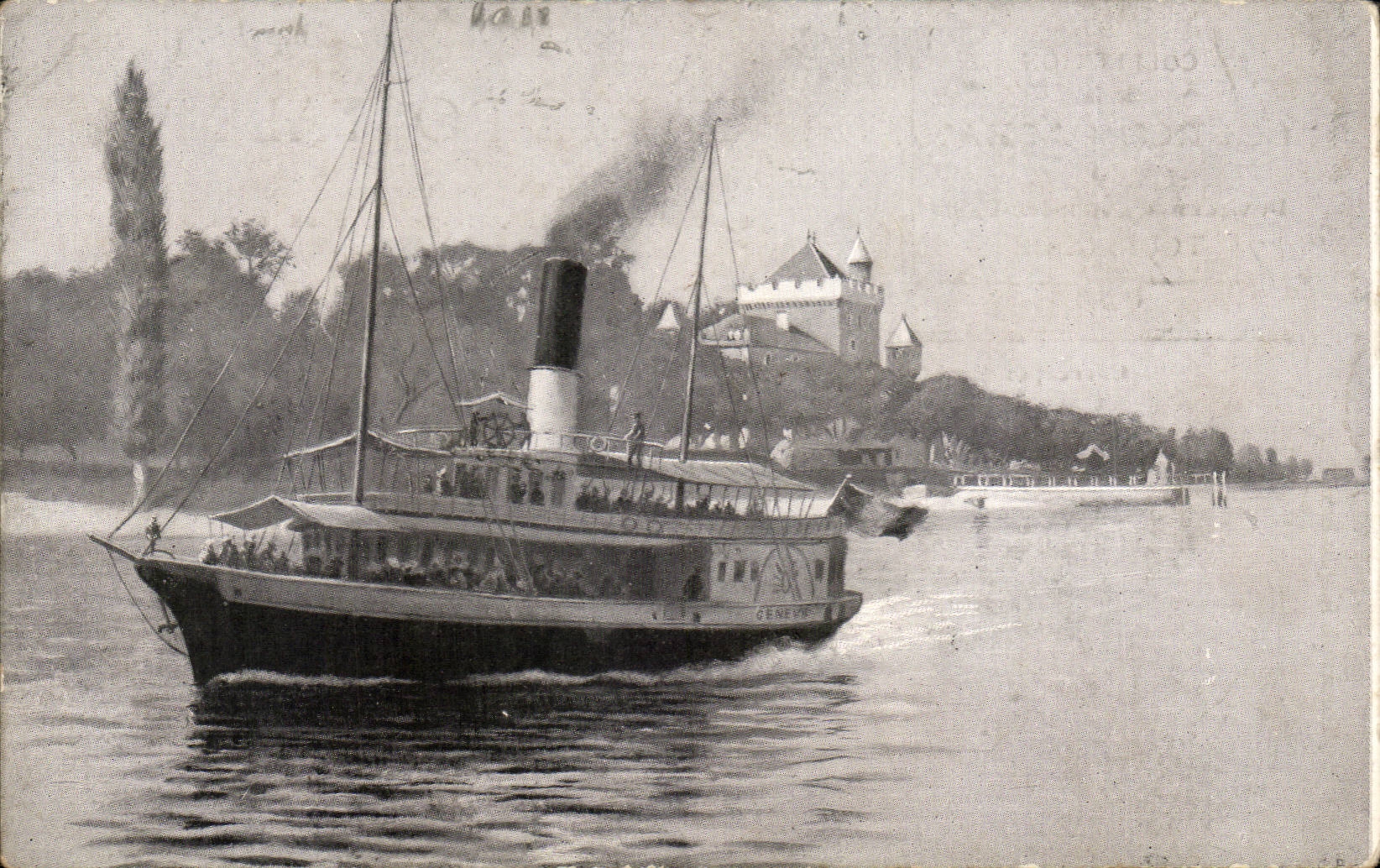 Bateau à vapeur à Genève — Château de Chillon en arrière-plan — Collection de la Source Cachat