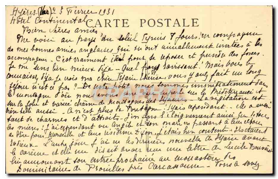 Hyères-les-Palmiers — L'Hôtel Continental et la Colline du Vieux Château — CPAPHIL n°9 — Rückseite