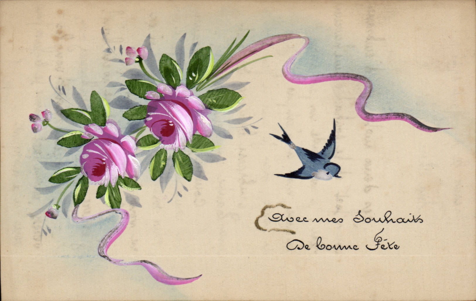 CPA Fantaisie Fleurs hirondelle