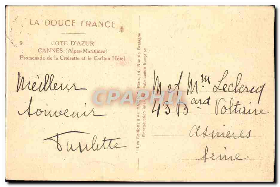 Cannes CPA Promenade de la croisette et le CArlton Hotel — Verso