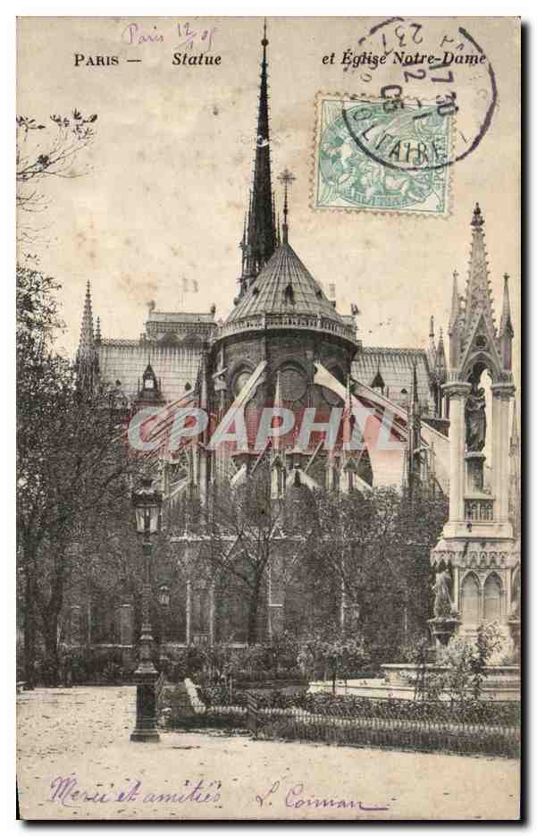 Paris CPA Statue et eglise Notre DAme