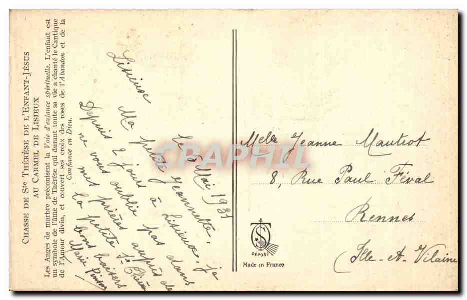 CPA Fantaisie Chasse de Ste Therese de l'enfant Jesus au carmel de Lisieux — Rückseite