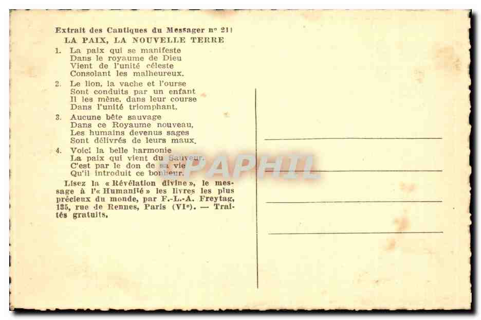 CPA Fantaisie La paix veritable sur la terre Animaux Jesus vache lion jaguar mouton loup wolf — Rückseite