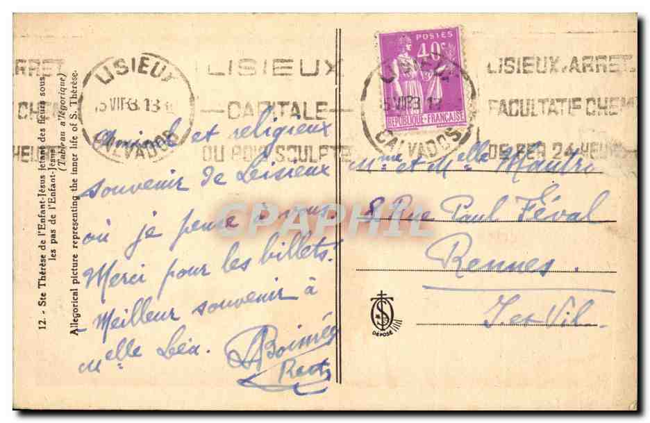 CPA Fantaisie Sainte Therese de l'enfant Jesus  — Rückseite