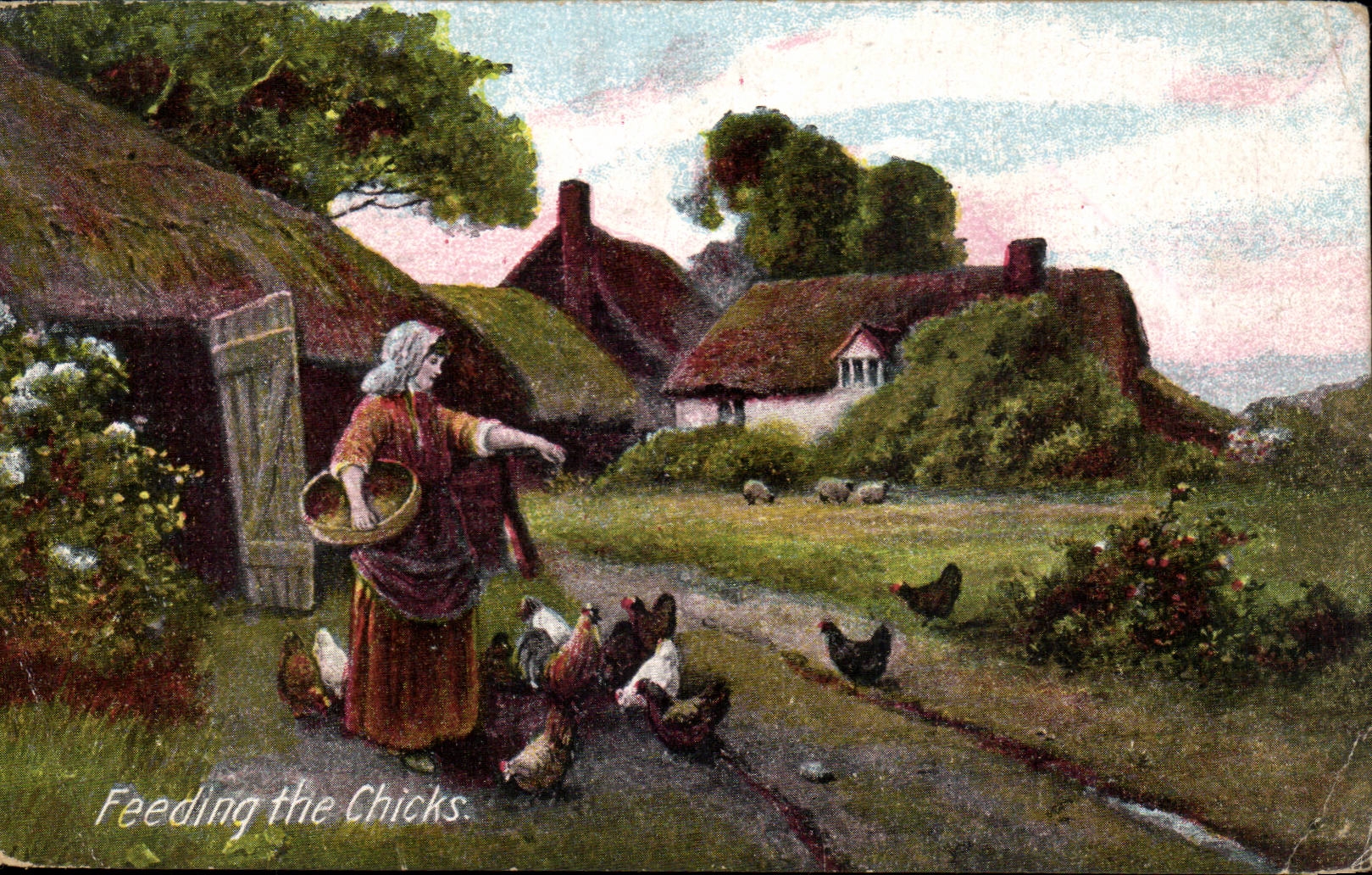 CPA Fantaisie Feeding the chicks Poules 