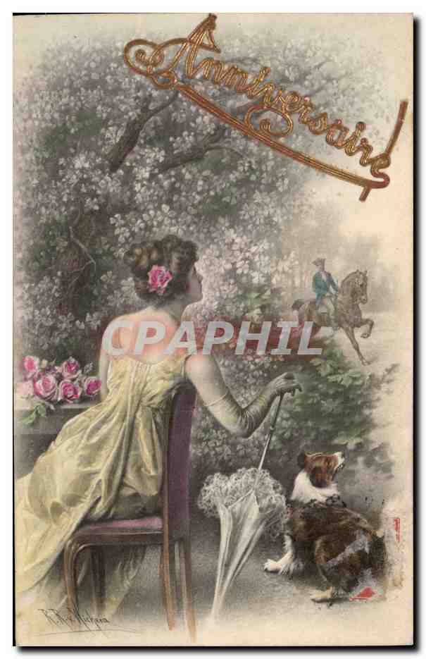 Femme en robe jaune sous arbres fleuris — Anniversaire — M. M. MUNK, Vienne, n° 580