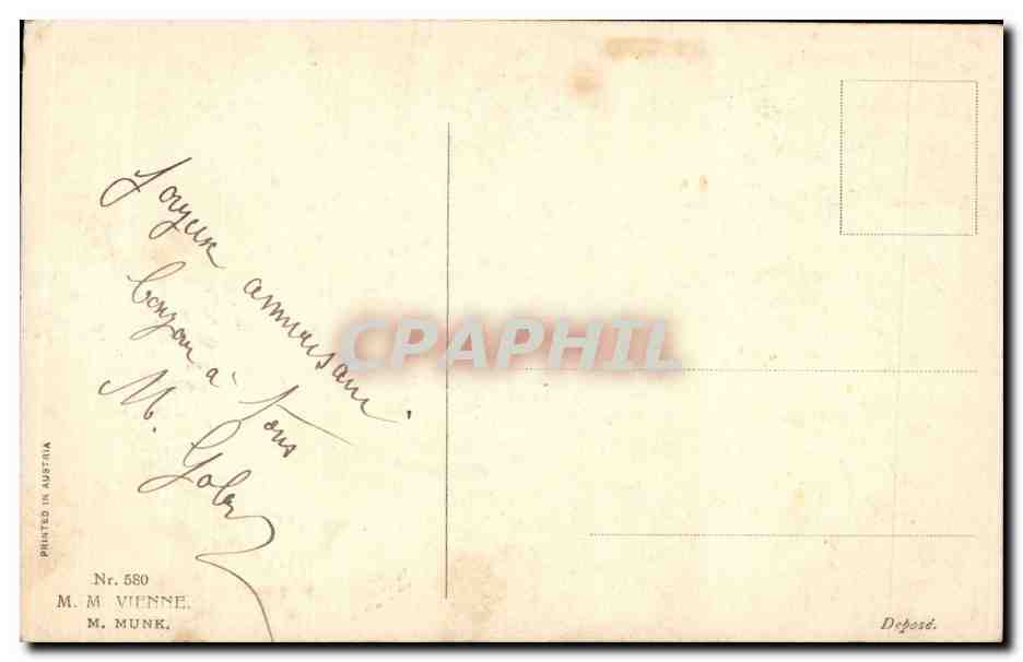 Femme en robe jaune sous arbres fleuris — Anniversaire — M. M. MUNK, Vienne, n° 580 — Reverso