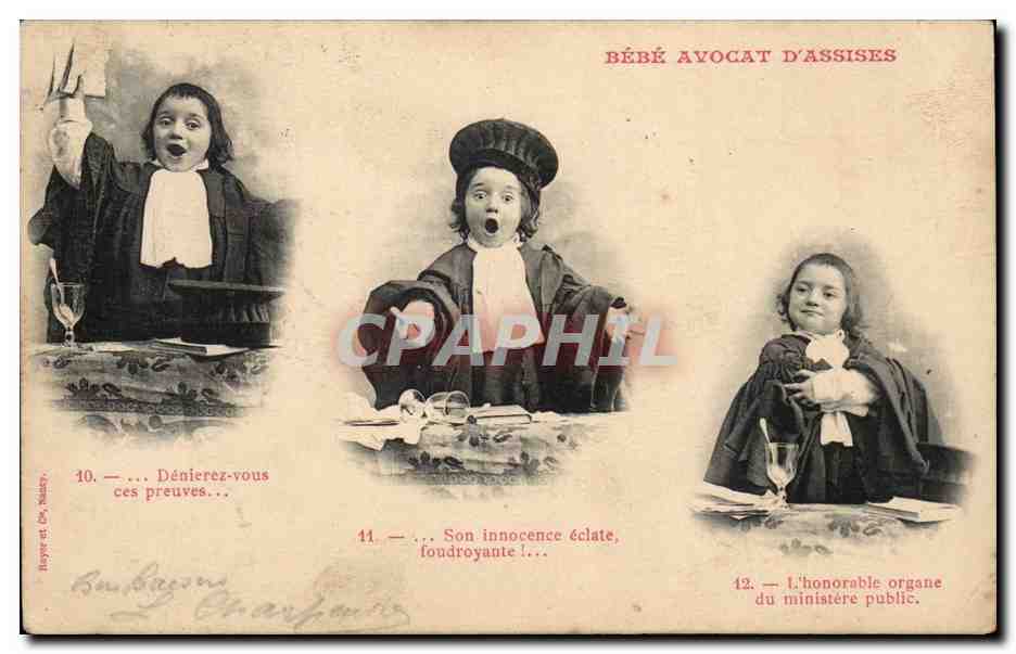 Bébé avocat d'assises — caricature humoristique — Mayer & Cie, Nîmes