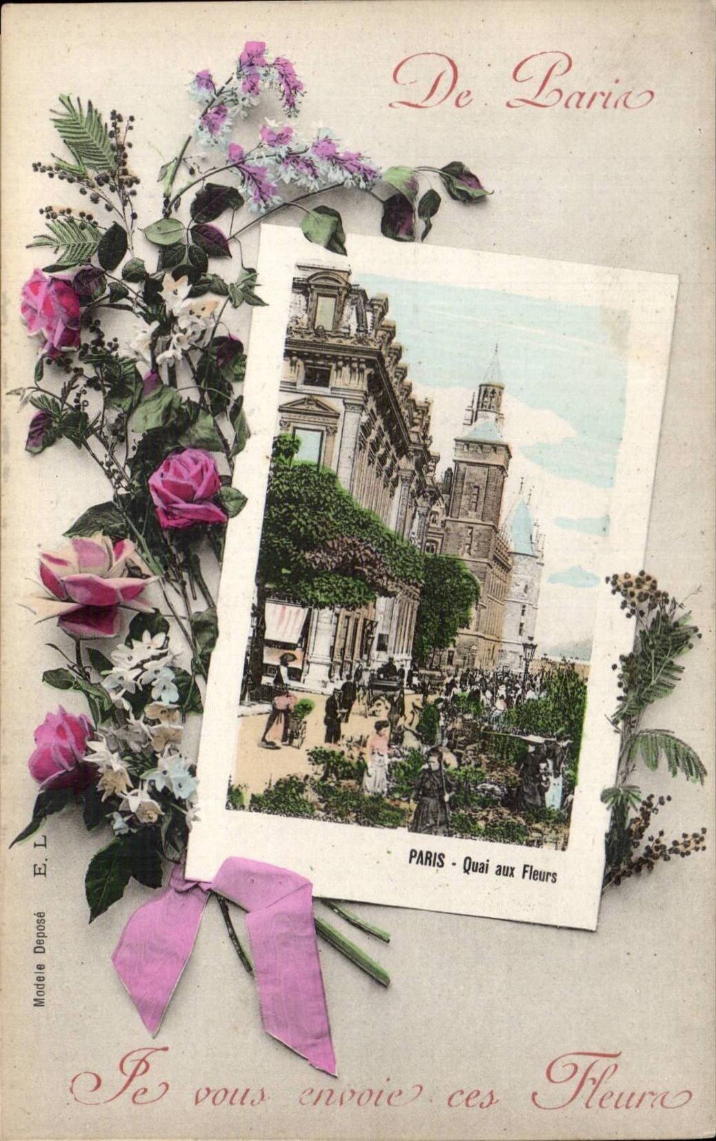 Paris - Quai des Fleurs — Ansicht des Platzes mit Markt — E.L. (Verlag)