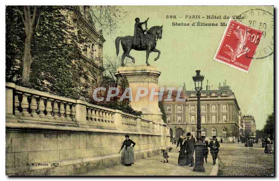 Paris CPA Hotel de ville statue Etienne marcel
