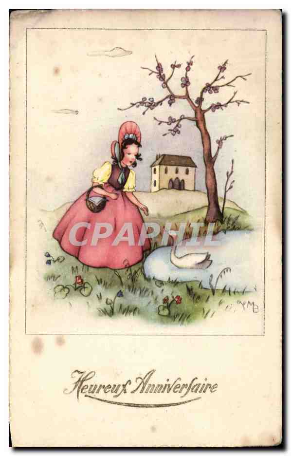 CPA Fantaisie Enfant et cygne Joyeux anniversaire
