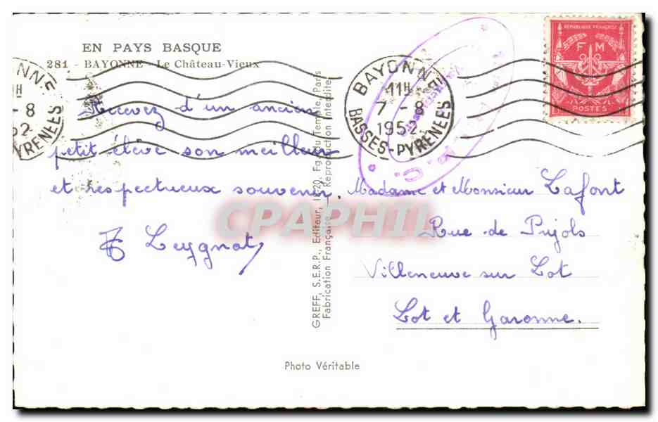 Bayonne CPM Le chateau vieux — Verso